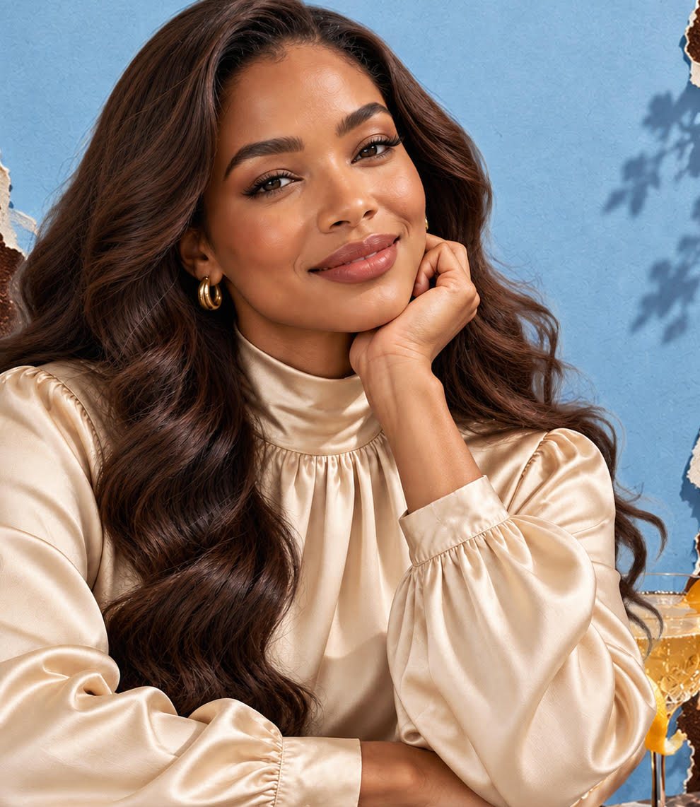 A guest in a champagne satin blouse, chin resting on her hand.