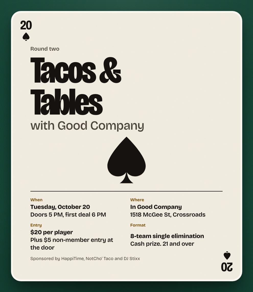 A playing card reading Tacos & Tables, with the 20 of spades in the corners.